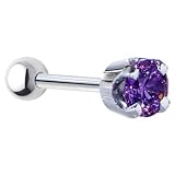 18 Gauge 5/16 Inches -Solid 14KT White Gold 4mm Amethyst Cubic Zirconia Cartilage Earring Body Jewelry