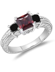0.64-0.88 Cts Black Diamond, 0.03 Cts Diamond & 0.97 Cts Garnet Ring in 14K White Gold
