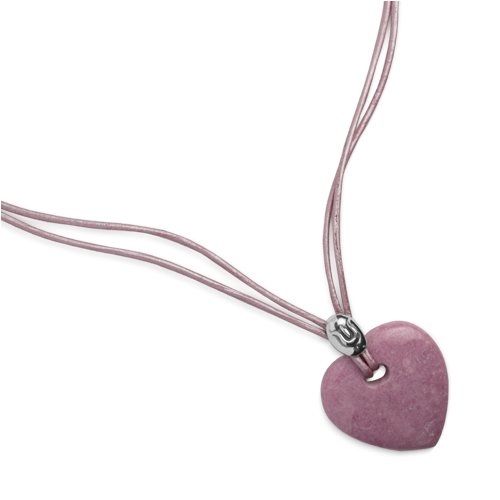Pink Rhodonite Heart Pendant with Sterling Silver Accent on Double-Strand Leather Cord