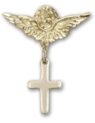 Gold Filled Baby Badge with Cross Charm and Angel with Wings Badge Pin