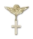 14kt Gold Baby Badge with Cross Charm and Angel w/Wings Badge Pin