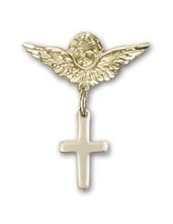 14kt Gold Baby Badge with Cross Charm and Angel w/Wings Badge Pin