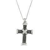 9ct White Gold Ladies Black and White Diamond Set Cross with Kiss Centre, Set with 0.25ct of Diamonds on an 18 White Gold Box Chain