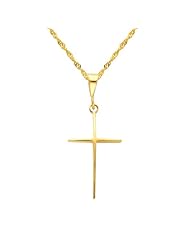 14K Yellow Gold Slender Cross Charm Pendant with Yellow Gold 1.2mm Singapore Chain with Spring Ring Clasp - Pendant Necklace Combination