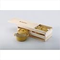 NapaStyle Enamel Cast Iron 12-ounce Covered Mini Round Set with Wood Crate Mustard with Natural Interior (50218)