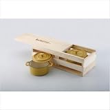 NapaStyle Enamel Cast Iron 12-ounce Covered Mini Round Set with Wood Crate Mustard with Natural Interior (50218)