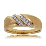Mens Brushed Yellow Gold Band Ring Two Rows Diamonds