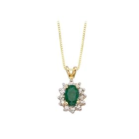 10K Yellow/White Gold 0.12 ct. Diamond and 1/2 ct. Oval Shaped Emerald Pendant with Chain