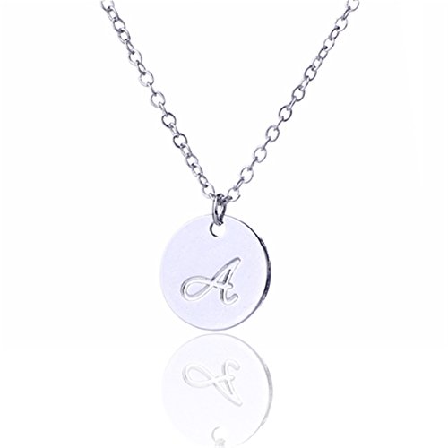 BR Small Script Initial Necklace Silver Initial Disc Necklaces Alphabet Jewelry