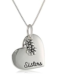 Sterling Silver Heart with "Sisters Different Flowers from the Same Garden" and Flower Charm Pendant Necklace, 18"