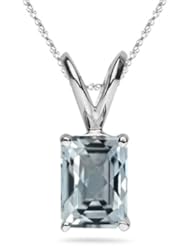 0.80 Cts of 7x5 mm AA Emerald Checker Board Aquamarine Solitaire Pendant in 14K White Gold