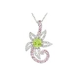1 Carat Pink Tourmaline, Peridot and Diamond 14K White Gold Pendant w  Chain