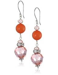 Dyed Coral Color Jade, and Pink Glass Bead with Cubic Zirconia Drop Sterling Silver Earrings