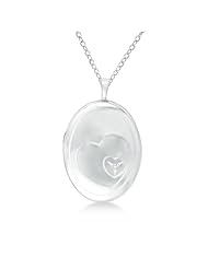Sterling Silver Oval Heart Engraved Diamond Locket Necklace (0.01ct)