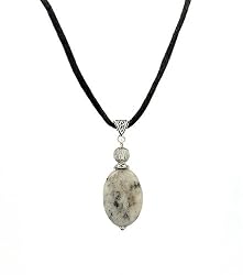 Necklace - N57 - Genuine Semi Precious Gemstone on Black Velvet Flock Cord + 2" Extension Chain - Oval Shape ~ Black Spot Jade