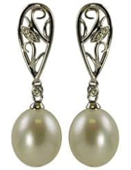 14KW 8-9MM Freshwater cultured pearl and diamond earrings with 6 diamonds at .03 cttw.