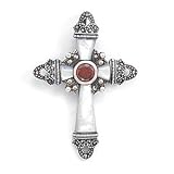 Sterling Silver Sterling Silver Mother of Pearl, Garnet and Marcasite Cross Pendant