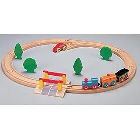 Nuchi Wooden Railway ~ 19-piece Oval Train Set w  Crossing Barrier by Little Little Toy Co