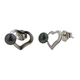 14K White Gold Heart Earrings with Black Freshwater Pearls