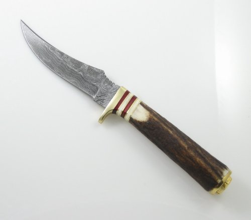 Damascus Slim Blade Skinner Stag Handles