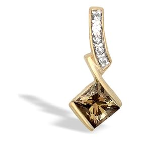 14K Yellow Gold Genuine Square Smoky Quartz and Diamond Pendant by Jewels For Me