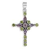 Sterling Silver Large Marquise Amethyst/Peridot Cross Pendant
