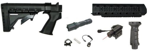 Ultimate Arms Gear Stealth Black Saiga 12 & 20 Gauge Shotgun Kit Includes Ergonomic Buttstock Stock & Rear Pistol Grip + Forearm Weaver Picatinny Rail Forend + Recoil Butt Pad + Sling Swivel Stud + Flashlight Light + Red Dot Laser + Grip