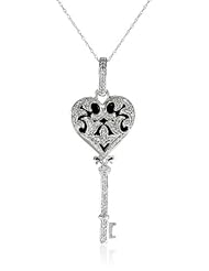10k White Gold with Black Enamel Heart Key Diamond Pendant Necklace (1/4 cttw, I-J Color, I2-I3 Clarity), 18"