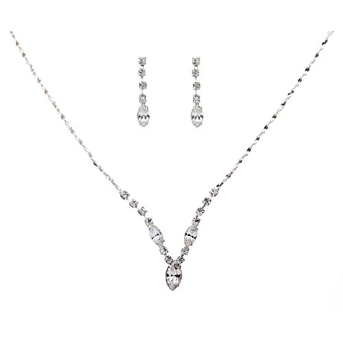 ACCESSORIESFOREVER Women Bridal Wedding Prom Fashion Jewelry Set Crystal Rhinestone V Shape Drop Necklace Silver Clear