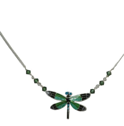 Sterling Silver & Swarovski Crystal Cloisonne Enamel Radiant Gossmerwing Dragonfly Necklace in Bamboo Gift Box