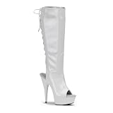 5 3/4 Inch Heel White Peep Toe Boot Sexy Stretch Patent Back Lace Knee High Boots