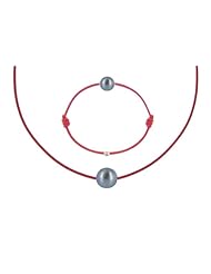 Les Poulettes Jewels - Necklace and Bracelet Set Dark Grey Pearl 8-9 mm with Red Color Wax Cord