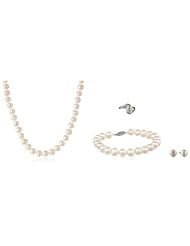 Sterling Silver White Freshwater Cultured Pearl 7-8mm Necklace and Bracelet with 8-9mm Earrings and 8.5-9mm Ring Set