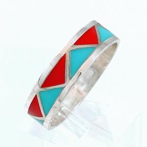 Southwestern Style Turquoise and Coral Resin Inlaid Chevron Band Ring in Sterling Silver for Men or Women, Sizes 5, 6, 7, 8, 9, 10, 11, 12, 13, 14, and 15, #8474