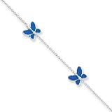 14k White Gold Blue Enameled Butterfly Anklet Length 10