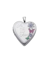 Sterling Silver Pink Enamel Engraved Heart "Mis 15 Anos" Locket Pendant (0.8" or 20mm Height)