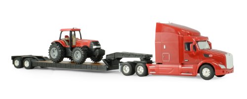 Ertl Big Farm Peterbilt Model 579 Semi with Lowboy and Case IH MX305 Tractor Backhoe Loader