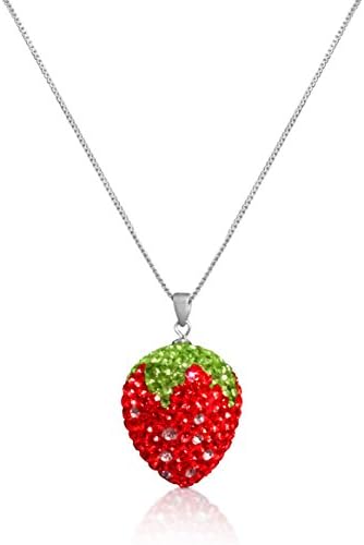 Sterling Silver Crystal Strawberry Necklace Charm Pendant, 18"
