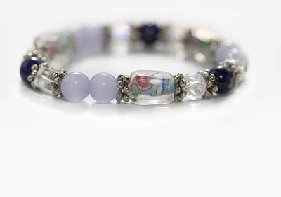 Lampwork Glass Beads Stretch Bracelet Blue Crystal- 7 Inches