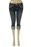 L.A. Idol Womens Dark Blue Denim Rhinestone & Leather Pocket Capri Jeans