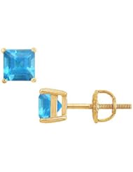 Created Blue Topaz Stud Earrings 14K Yellow Gold - 2.00 CT TGW