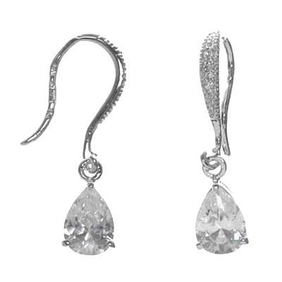 Rhodium Plated Sterling Silver White CZ Teardrop with Pave Earwire Earrings