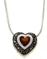 Sterling Silver Marcasite and Simulated Garnet Small Heart Pendant