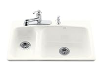 Hot Sale KOHLER K-5924-3-0 Lakefield  33-inch by 22-inch Top-mount High/Low Double Bowl Kitchen Sink, White