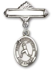 Sterling Silver Baby Badge with St. Christopher/Baseball Charm and Polished Badge Pin