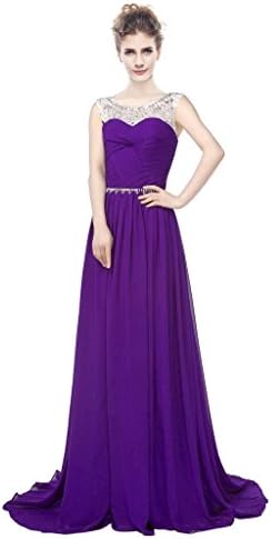 ESY Women's Sheer Neck Beaded Chiffon Long Bridesmaid Dress Purple US16