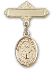 Gold Filled Baby Badge with Our Lady of Mercy Charm and Polished Badge Pin