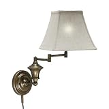 Beige linen shade, antique brass finish, extends 15 inches from the wall