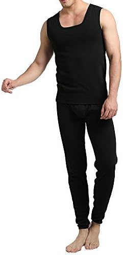 DLSUDI Men's Tank Top Fleece Cotton Solid Color Thermal Underwear Set (S, Black)