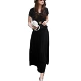 Allegra K Lady Scoop Neck Short Sleeve Self Tie Drawstring Mid-Calf Dress Black S